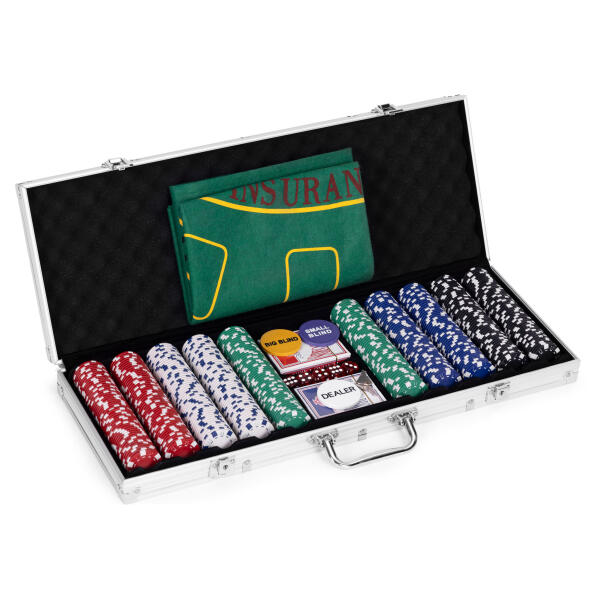 Poker Blackjack Sett 500 sjetonger 2 kortstokker terninger spillmatte lukkbar koffert - Bilde 2