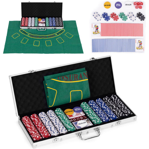 Poker Blackjack Sett 500 sjetonger 2 kortstokker terninger spillmatte lukkbar koffert